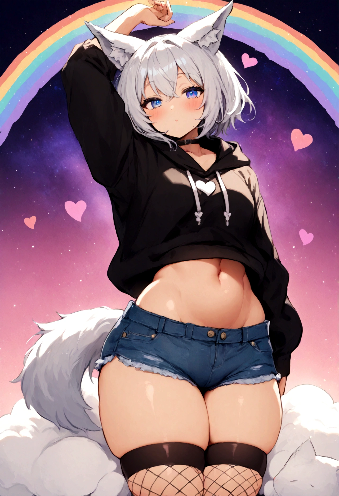 a cute adult male with wolf ears, white hair, has a wolf tail, wearing a loose cropped oversized black hoodie, wearing a pair of denim short shorts and thigh high fishnet stockings, thick thighs, wide hips, relaxing on mound of fluffy multi colored kawaii plushies, short, very slim, showing slender tummy, stretching out, heart on hoodie, squishy thighs, has glowing blue eyes. alone, solo (ALONE)(SOLO), surrounded by rainbows, colorful galaxy backround, nice butt