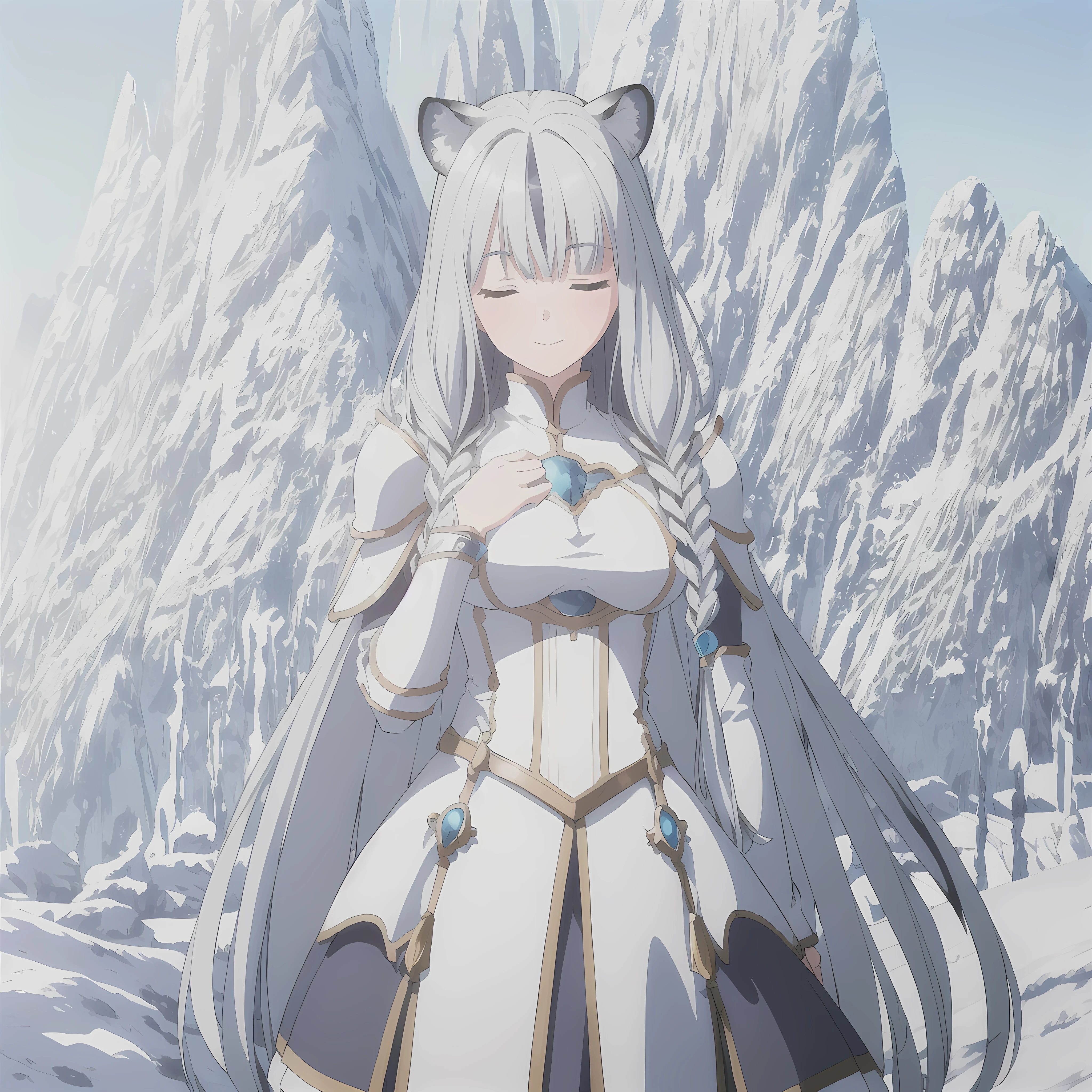 ((masterpiece)), (best quality), (ultra-detailed), photorealistic, (best illustration), ((an extremely delicate and beautiful)), 1girl, solo, long hair, tiger ears, [:tiger tail under:0.2], white hair, two-tone hair, full body, long blue cape, (Alternative outfit:1), platinum armor, cross-laced, standing, closed eyes, smile, black skirt, short sleeves, detailed scenery, blue sky, horizon, low twin braids, twin braids, hair ornament, bracelet, (knight outfit:0.9), blush, no helmet, Cute but Formidable, girl knight, armor on body, big breasts, breasts bigger than head. 