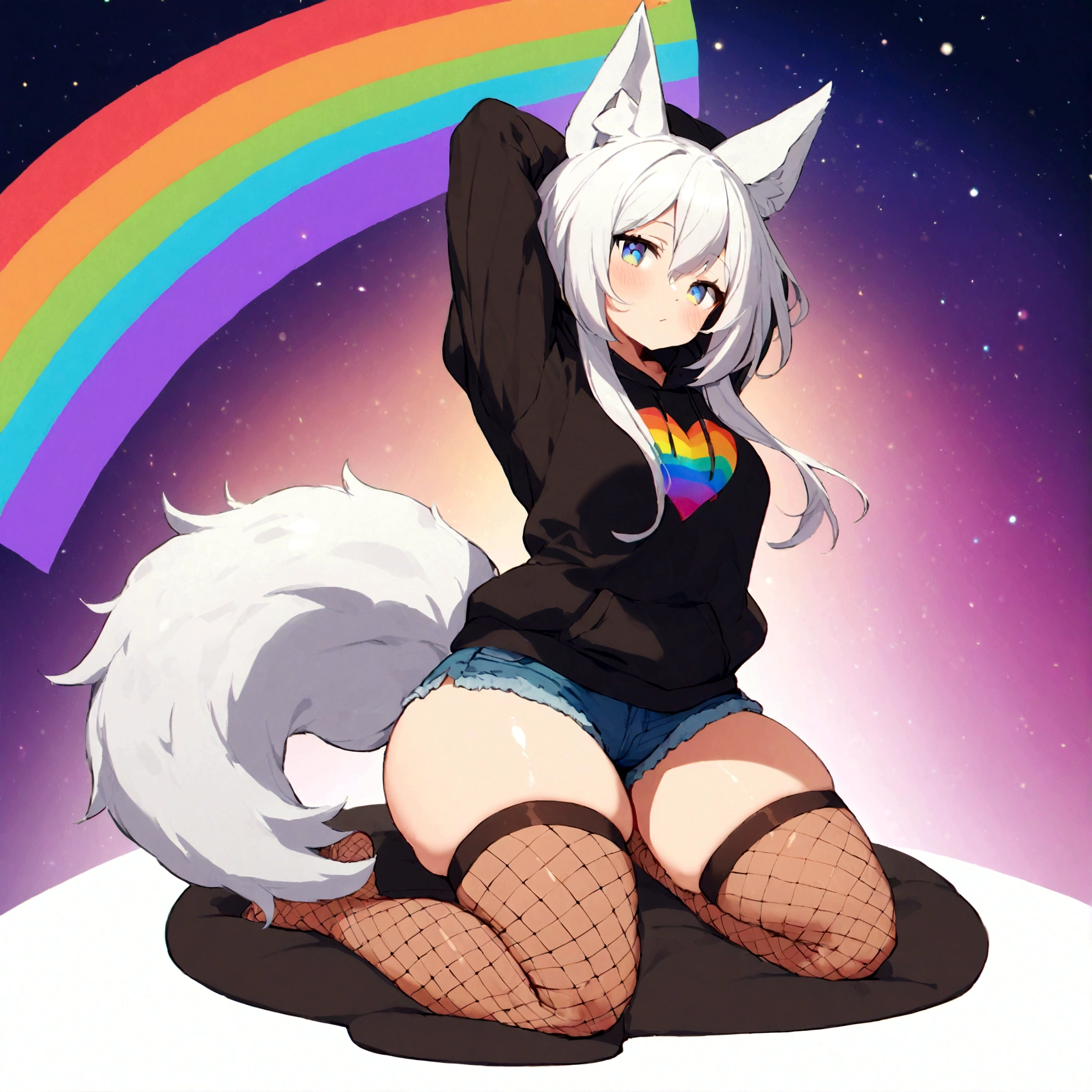 a cute adult male with wolf ears,long white hair with long locks, has a wolf tail, wearing a loose cropped oversized black hoodie, wearing a pair of denim short shorts and thigh high fishnet stockings, thick thighs, wide hips, relaxing on mound of fluffy multi colored kawaii plushies, short, very slim, showing slender tummy, stretching out, heart on hoodie, squishy thighs, has glowing blue eyes. alone, solo (ALONE)(SOLO), surrounded by rainbows, colorful galaxy backround, nice butt