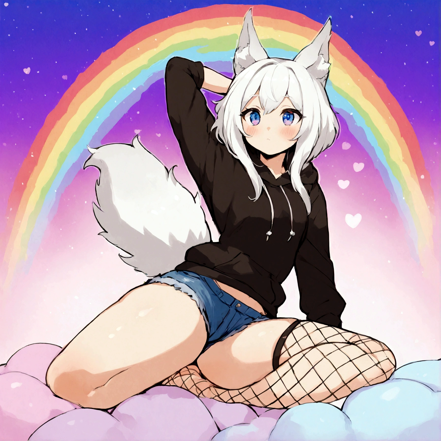 a cute adult male with wolf ears,long white hair with long locks, has a wolf tail, wearing a loose cropped oversized black hoodie, wearing a pair of denim short shorts and thigh high fishnet stockings, thick thighs, wide hips, relaxing on mound of fluffy multi colored kawaii plushies, short, very slim, showing slender tummy, stretching out, heart on hoodie, squishy thighs, has glowing blue eyes. alone, solo (ALONE)(SOLO), surrounded by rainbows, colorful galaxy backround, nice butt