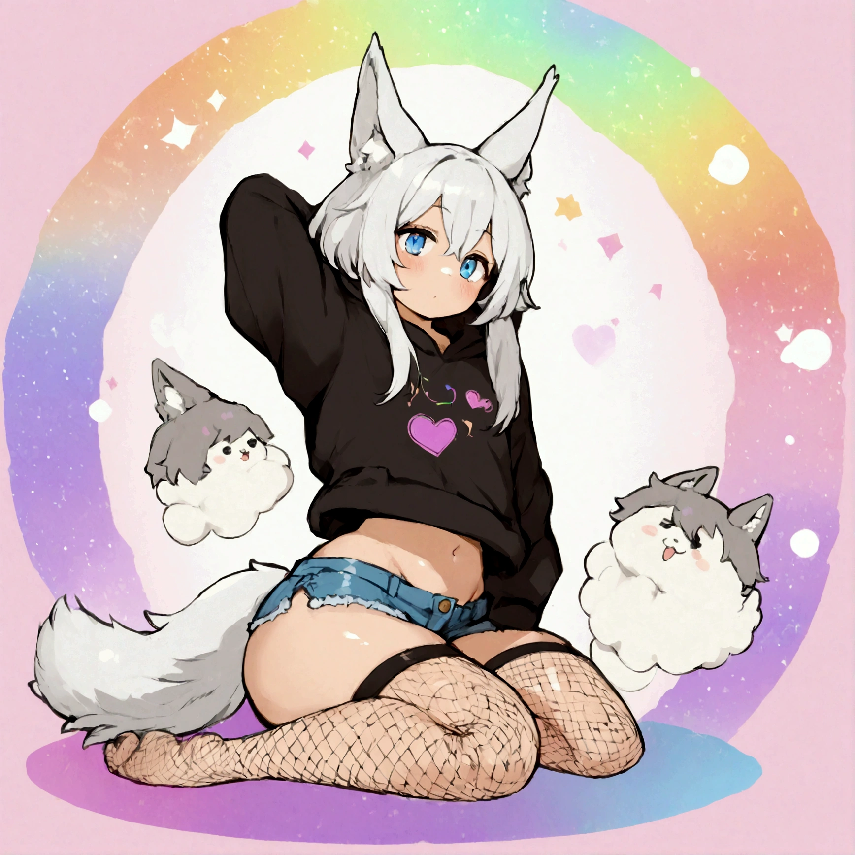 a cute adult male with wolf ears,long white hair with long locks, has a wolf tail, wearing a loose cropped oversized black hoodie, wearing a pair of denim short shorts and thigh high fishnet stockings, thick thighs, wide hips, relaxing on mound of fluffy multi colored kawaii plushies, short, very slim, showing slender tummy, stretching out, heart on hoodie, squishy thighs, has glowing blue eyes. alone, solo (ALONE)(SOLO), surrounded by rainbows, colorful galaxy backround, nice butt