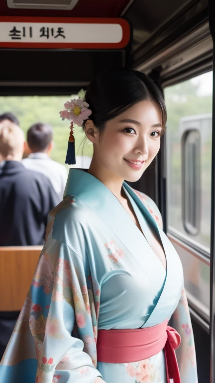 Araffe dressed in a kimono, Japanese Goddess, wearing kimono, Pink floral dress, Glamorous and sexy geisha, wearing a kimono, wearing kimono armor, kimono, anime girl Cosplay, classic kimono, Organic Enchantress, Cosplay photo, Onmyoji, wearing a light blue silk robe, Pale and coloured kimono, Cosplay, gorgeous young , beautiful south , Korean Girls, beautiful young, (Cute Japanese Woman), korean female fashion model, Sexy Looks, Large Breasts, Sexy pose, Show off your breasts, Shiny, very dark brown hair, Big smile, cowboy shot, ((slit kimono:1.4)),
A little bit of thigh is exposed from the kimono, ((Photographed with the front car of a train in the background:1.4)), noon,