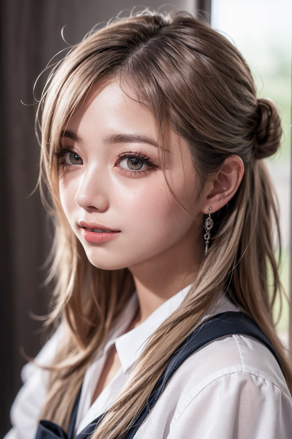 Realistic, masterpiece, highest quality, Highest Resolution, High Detail, Soft Light, Professional Lighting, Backlight, Film Grain, The background is blurred, Japanese high school girl, 16 years old, Upper body photo, Looks sleepy, inattention, Grinning, Open your mouth, Beautiful and detailed eye drawing, (Droopy eyes:1.3), Dark Eyes, Thin eyebrows, Draw eyelashes carefully, Eyelash extensions, Gal Makeup, Orange Cheek, (White brown wavy hair, Long Hair, Hair tied back, middle part:1.3), (Hidden eyelid wrinkles:1.3), (Gothic uniform:1.2), (The subject was photographed from above at an angle, The subject is looking to the side and away:1.3), (Face close-up:1.3)