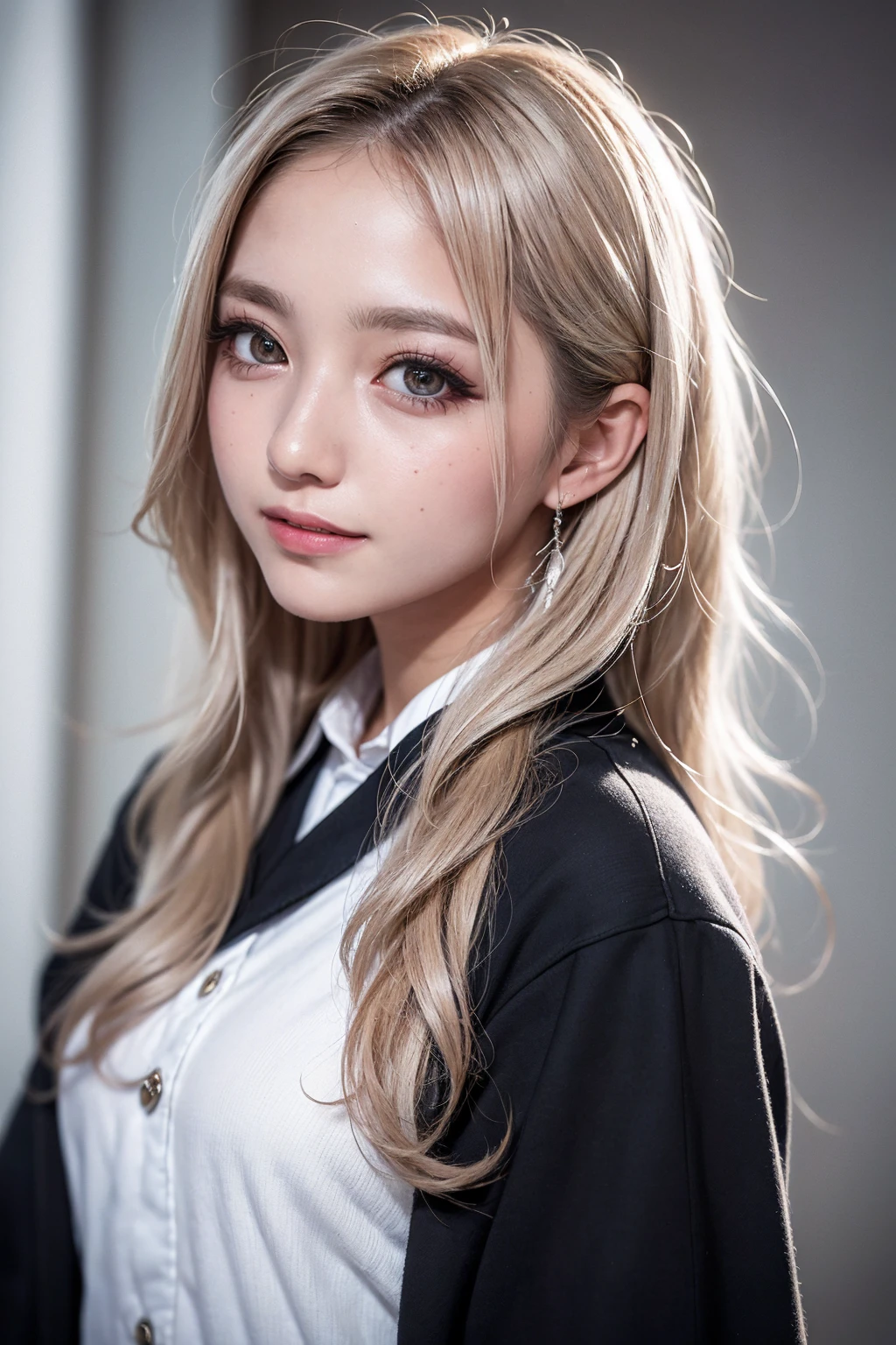 Realistic, masterpiece, highest quality, Highest Resolution, High Detail, Soft Light, Professional Lighting, Backlight, Film Grain, The background is blurred, Japanese high school girl, , Upper body photo, Looks sleepy, inattention, Grinning, Open your mouth, Beautiful and detailed eye drawing, (Droopy eyes:1.3), Dark Eyes, Thin eyebrows, Draw eyelashes carefully, Eyelash extensions, Gal Makeup, Orange Cheek, (White brown wavy hair, Long Hair, Hair tied back, middle part:1.3), (Hidden eyelid wrinkles:1.3), (Gothic uniform:1.2), (The subject was photographed from above at an angle, The subject is looking to the side and away:1.3), (Face close-up:1.3)
