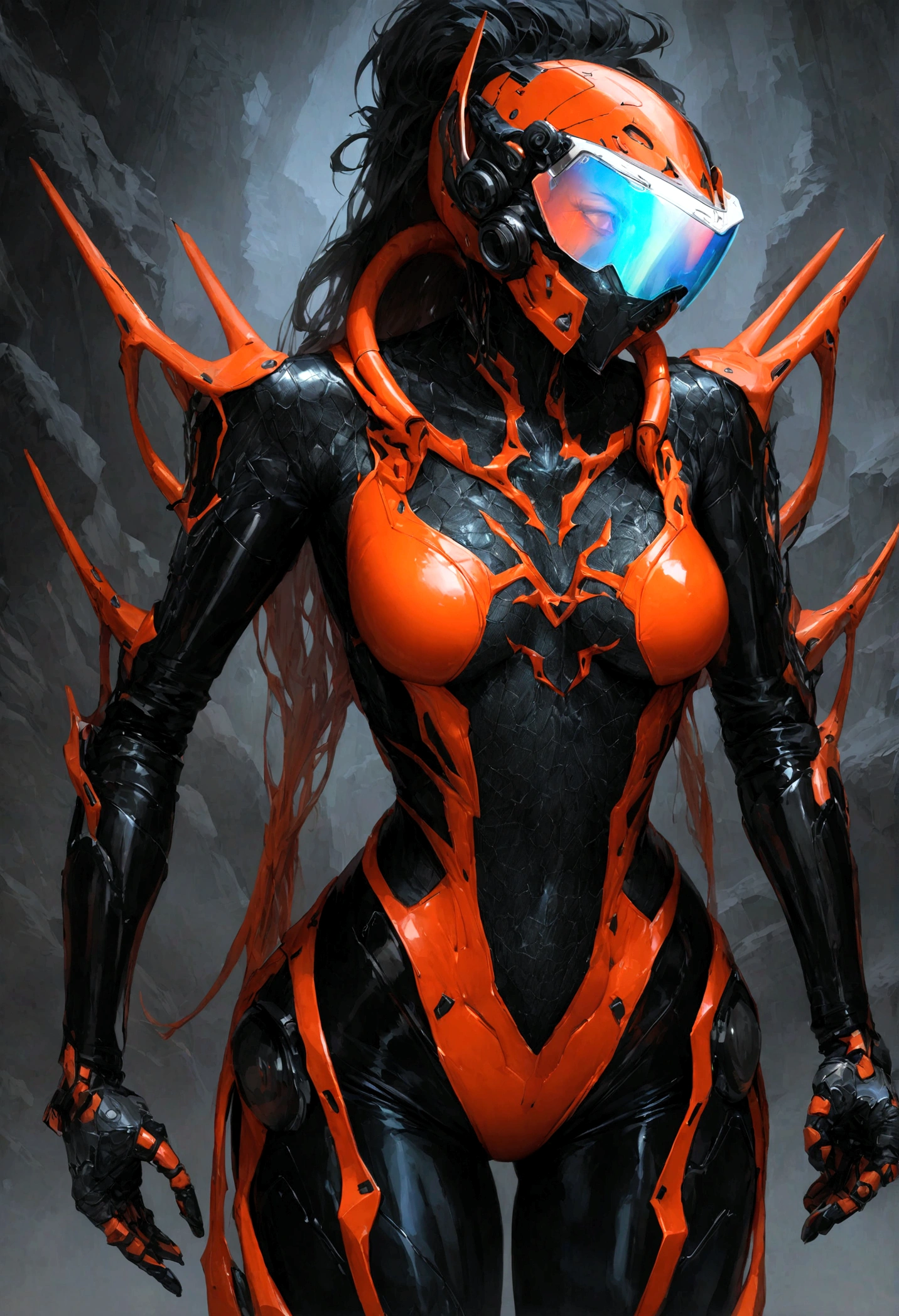 High Resolution 18K Ultra Realism Minimalist High Quality Beautiful Female Astronaut Suit Female Spider-Man Glued to Body Symbiote Style Futuristic Exoskeleton Futuristic Fire Suit Futuristic and Cybenetic Helmet with Ultra Realistic Neon Visor