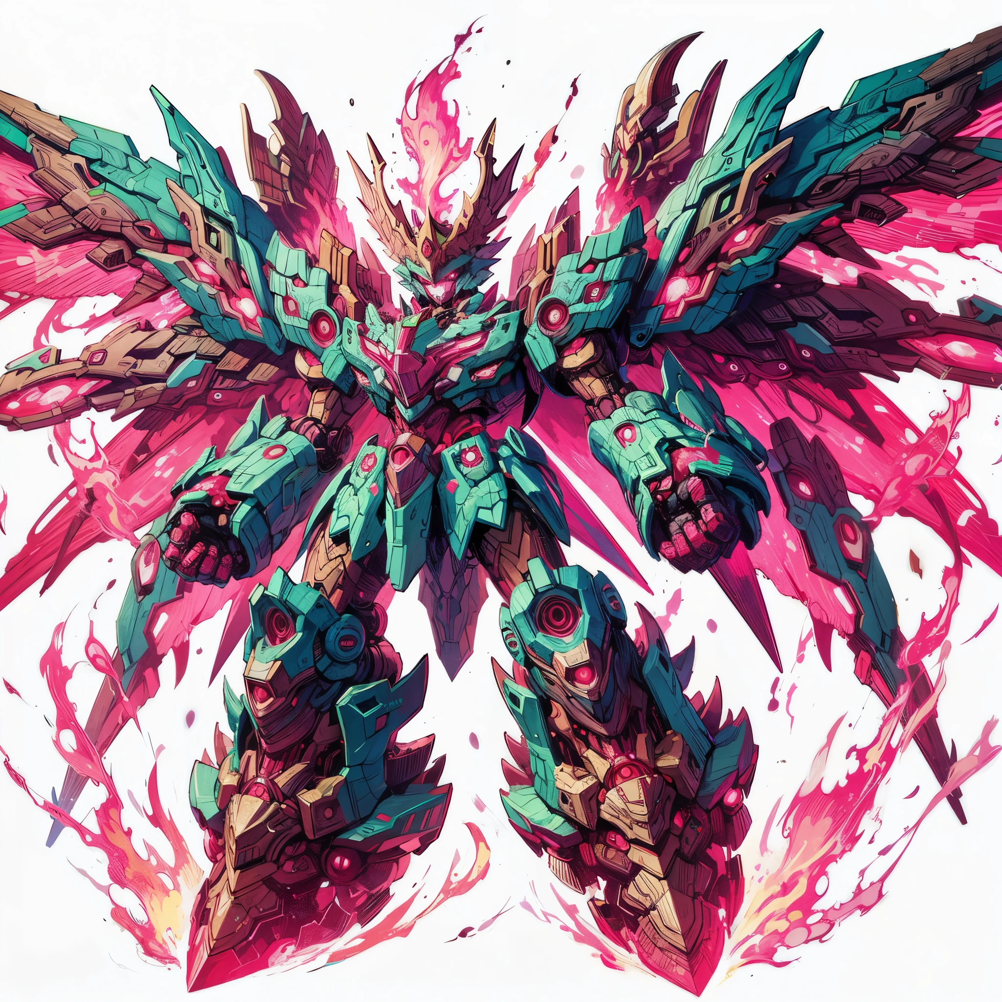 (masterpiece, best quality), ultra detailed, POKEMON like illustration style, full body, solo, cute SD robot, flying in chaos machinery colossus, wings outspread with pink flames, huge arms and massive legs, ((surrounded by pink flames)) sea green armor, that sheds molten iron like blood, fanged maw, crowned with a crown of fire, very massive, Super Robot Wars, non-human silhouette, red line, red eyes, digital painting, 8K high resolution, white background, whole body,
