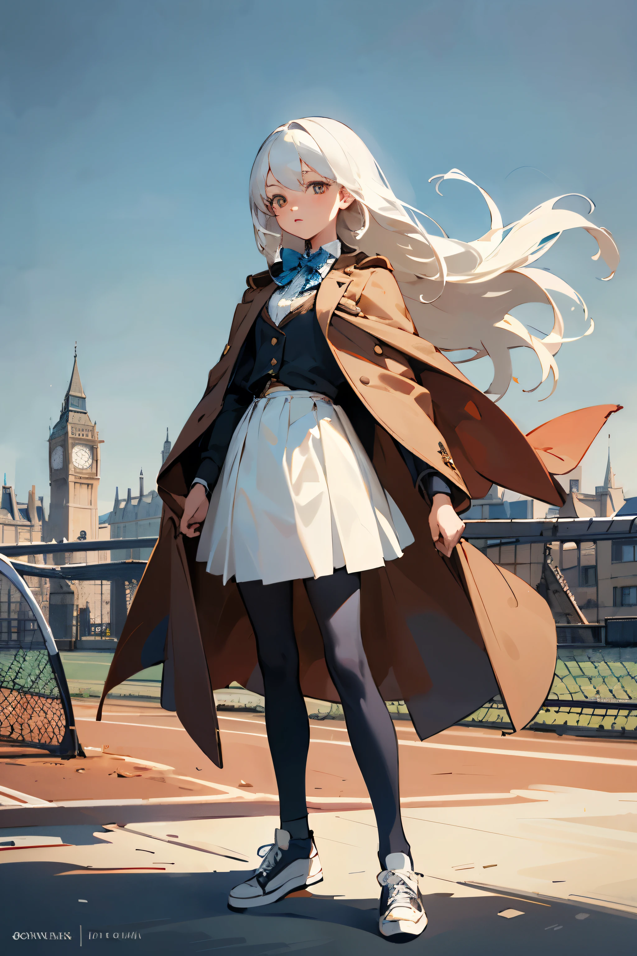 ((best quality)), ((masterpiece)), (detailed), 1girl, white hair, long hair, Teenage, short cape, Converse, A brown suit for women with vertical stripes, a bow tie with complicated blue patterns on a wine-colored background, looking viewer, Scenery of London, England in the 19th Century, tennis skirt