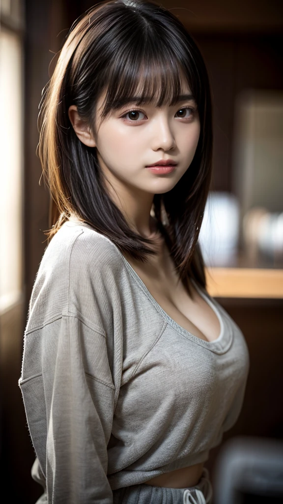 masterpiece, Best Quality, 8K, 20 yo, huge breasts, cuddly, Solo, sad, Cute, Girly, Delicate girl, Neat and clean beauty, Raw photo, Professional Photography, Portrait, Soft light, Professional Lighting, Back lighting, Upper body, front view, Sophisticated, Film grain, (Eyes and faces with detailed:1.0), short length floating hair, beautiful flowing hair, bangs, Oversized Sweatpants
