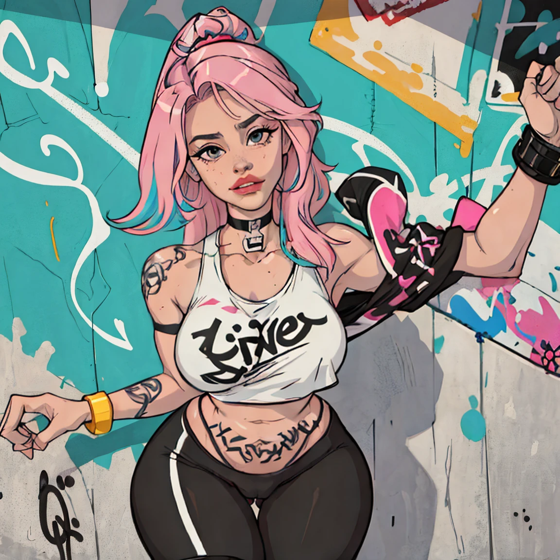 masterpiece, best quality, 25 years old beautiful woman, long hair, (mature face:1.4), 1woman, solo, crop top, gym leggings, choker, plumb ass, thick thighs, thin waist, wide hips, (graffiti:1.5), paint splatter, arms behind back, against wall, looking at viewer, armband, thigh strap, paint on body, head tilt, bored, (multicolored hair (pink, blue, green, yellow, red, black, brown, carmin)), detailed aqua eyes