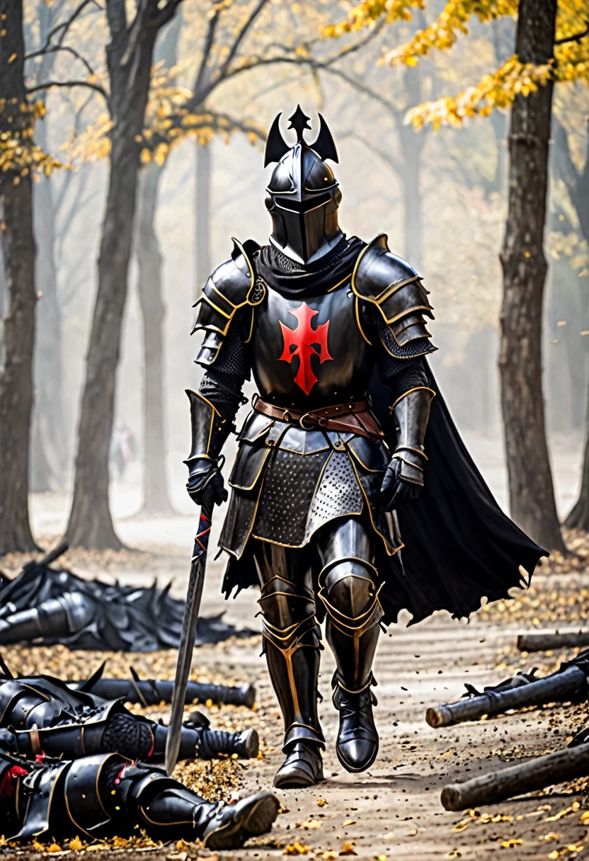 Black knight walking among a defeated exercise