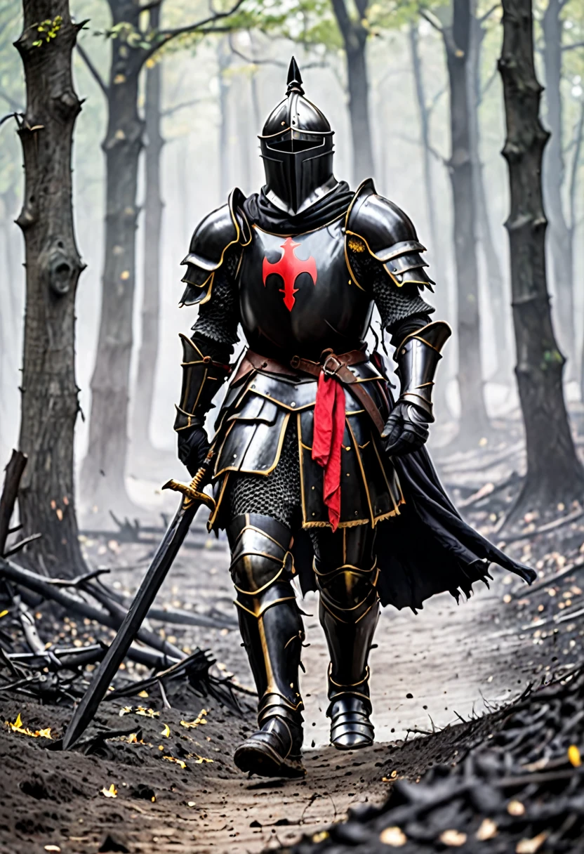 Black knight walking among a defeated exercise