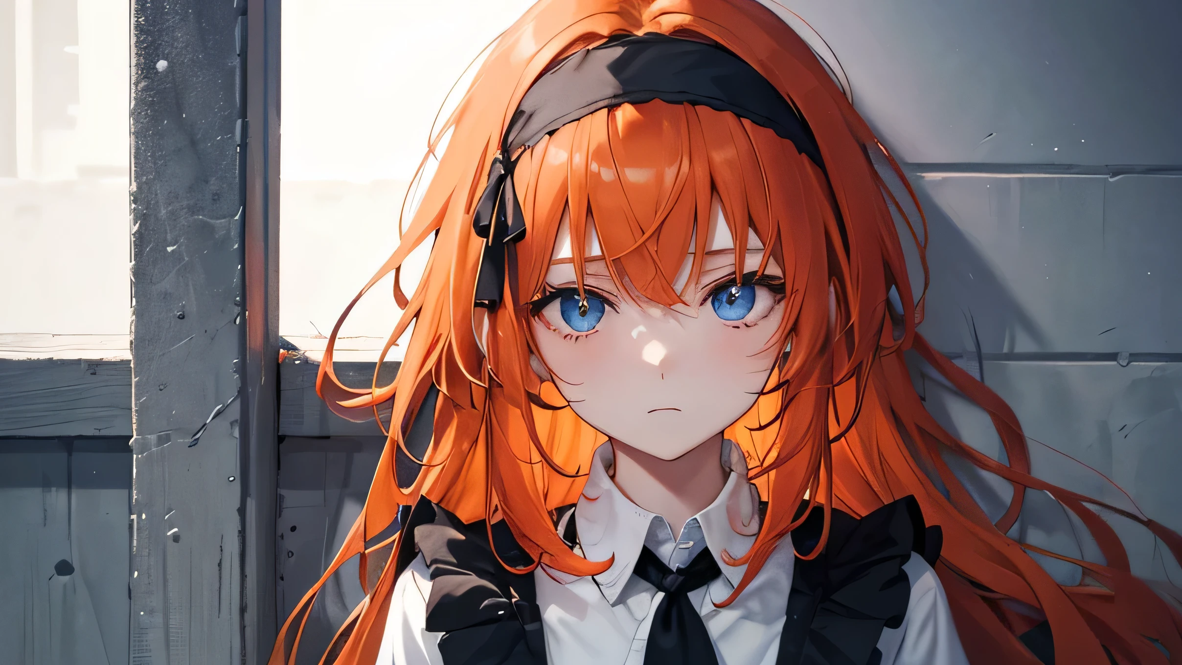 a detail close up person, a medium orange-haired length tied to black headbands 'girl' with a gloomy face without a pale expression sitting in the corner of the wall, looking up with a dead gaze looking at the point view but her blue eyes are covered by his hair, sunlight shines in from the side darken the other side
