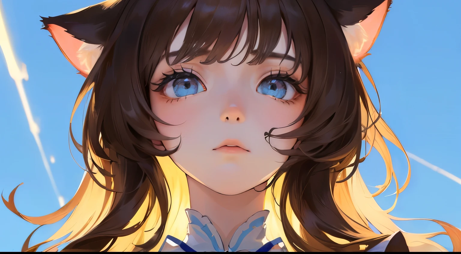 (((Looking up)))、(((Cat ear)))、((1 person)),Masterpiece,best quality, ((Cat costume))), ,((Troubled face))、((Blue sky background))、((Expressionless)),determined expression, Upper body diagram、 (Highest Resolution、Clear_image)、Best Quality、Light and shadow contrast、((illumination))、Very detailed、Semi-realistic、Semi-long hairstyle、Brown Hair、bangs、19 years old、 Lady,,young、((View from below))、Delicate Facial Features