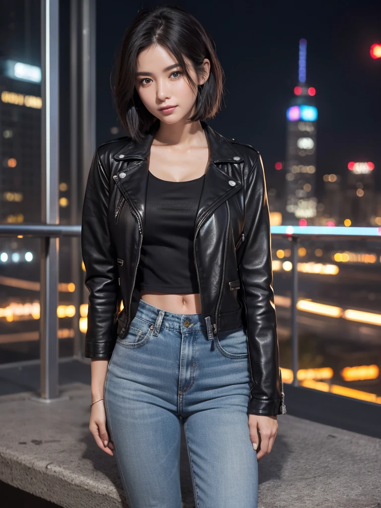 highest quality、8k Masterpiece、超A high resolution、(Photorealistic:1.3)、RAW Photos、1 girl、The black leather jacket looks great against bare skin.、Denim pants、No bra、Silver charm on the ankle、Black boots、Super short straight black hair、short Hair、Hair blowing in the wind、Glowing Skin、1 Cyberpunk Bike Rider、((Ultra-Realistic Details))、Portrait、Global Illumination、Shadow、Octane Rendering、8k、Super sharp、Beautiful breastetal、Cold colors、darkness、Very intricate details、Realistic Light、CGSoation Trend、Beautiful Eyes、Shining Eyes、To the camera、Neon Details、２０age、Too beautiful face、Intelligence、Obscene、Sexy、smile、whole body、Healthy Body、Manhattan at night in the background、Helipad on a high-rise building、love、Charm、mischievouore sexy、Hands on chest、Make your background more vibrant、Future、Angle to toes、Whiter skin、Standing posture、More realistic facial features、Retrospective、wide shot、full body、More realistic Japanese faces、Panoramic view of buildings、wild、Terminator、