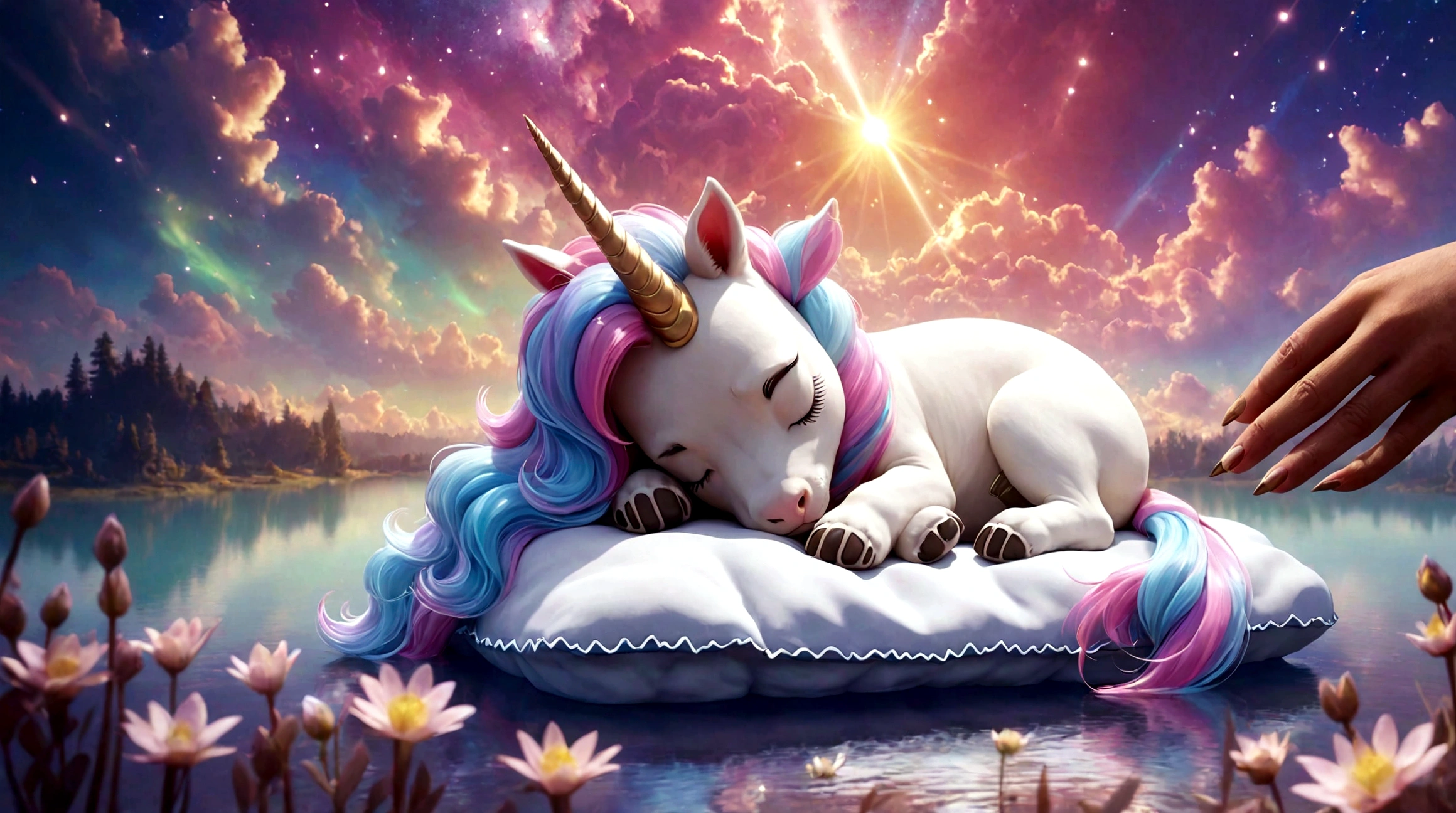 cute, sleeping, eyes closed, unicorn puppy, cute sleeping, sleeping, on top of illuminated magical clouds floating in a small lake, background with magical glow, night, unreal engine rendering, 8k