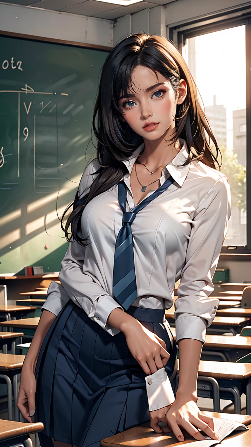 25-year-old woman, Mature Woman, ((In the classroom)), ((school uniform)), RAW Photos, (photoRealistic: 1.37, Realistic), Highly detailed synthetic CG 8K wallpaper, One girl, (((Perfect body: 1.1)), (Medium chest: 1.2), Looking at the audience, (((Straight from the front)))), (high qualityスキン:1.2, Shiny skin), 8K Ultra HD, Digital SLR, Soft lighting, high quality, Film Grain, Fujifilm XT3, ((whole body:  0.8)), (Professional Lighting:1.4) ,