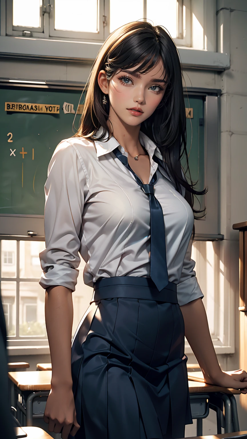 25-year-old woman, Mature Woman, ((In the classroom)), ((school uniform)), RAW Photos, (photoRealistic: 1.37, Realistic), Highly detailed synthetic CG 8K wallpaper, One girl, (((Perfect body: 1.1)), (Medium chest: 1.2), Looking at the audience, (((Straight from the front)))), (high qualityスキン:1.2, Shiny skin), 8K Ultra HD, Digital SLR, Soft lighting, high quality, Film Grain, Fujifilm XT3, ((whole body:  0.8)), (Professional Lighting:1.4) ,