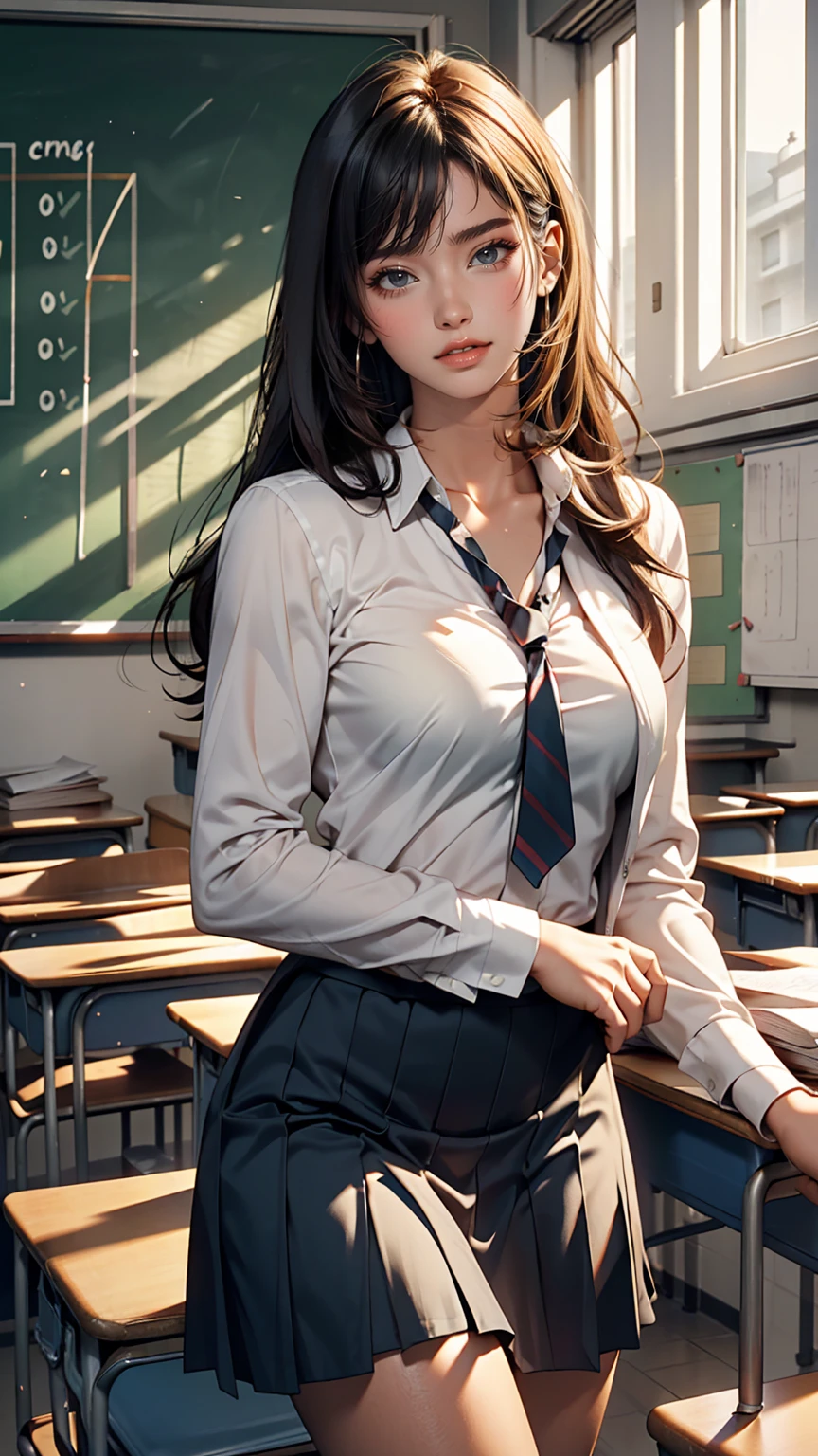 25-year-old woman, Mature Woman, ((In the classroom)), ((school uniform)), RAW Photos, (photoRealistic: 1.37, Realistic), Highly detailed synthetic CG 8K wallpaper, One girl, (((Perfect body: 1.1)), (Medium chest: 1.2), Looking at the audience, (((Straight from the front)))), (high qualityスキン:1.2, Shiny skin), 8K Ultra HD, Digital SLR, Soft lighting, high quality, Film Grain, Fujifilm XT3, ((whole body: 0.8)), (Professional Lighting:1.4) ,