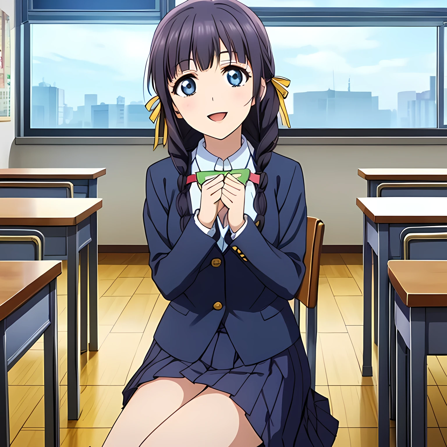 (highest quality, masterpiece:1.2), highest quality, High resolution, 1080p, 8K, Height: 158cm, Anime-style CG, ((A beautiful girl game heroine sits on a chair in a school classroom and places her hands on the desk、Looking up at the viewer next to him with a smile)), A face that everyone loves, Glossy lips, Even bangs, Double, Long eyelashes on both the top and bottom, Smiling blue eyes, The very large maroon ribbon bowtie is very cute., ((Black Hair)), ((long twin braids)), (((A long, neat, dark navy blue pleated skirt with a check pattern))), (((Dark blue winter long sleeve blazer))), How to wear a neat uniform, Smiling, slightly open mouth like a game heroine, Ribbon in hair, Tight waist, The ribbon is big and very pretty., Shooting from the side