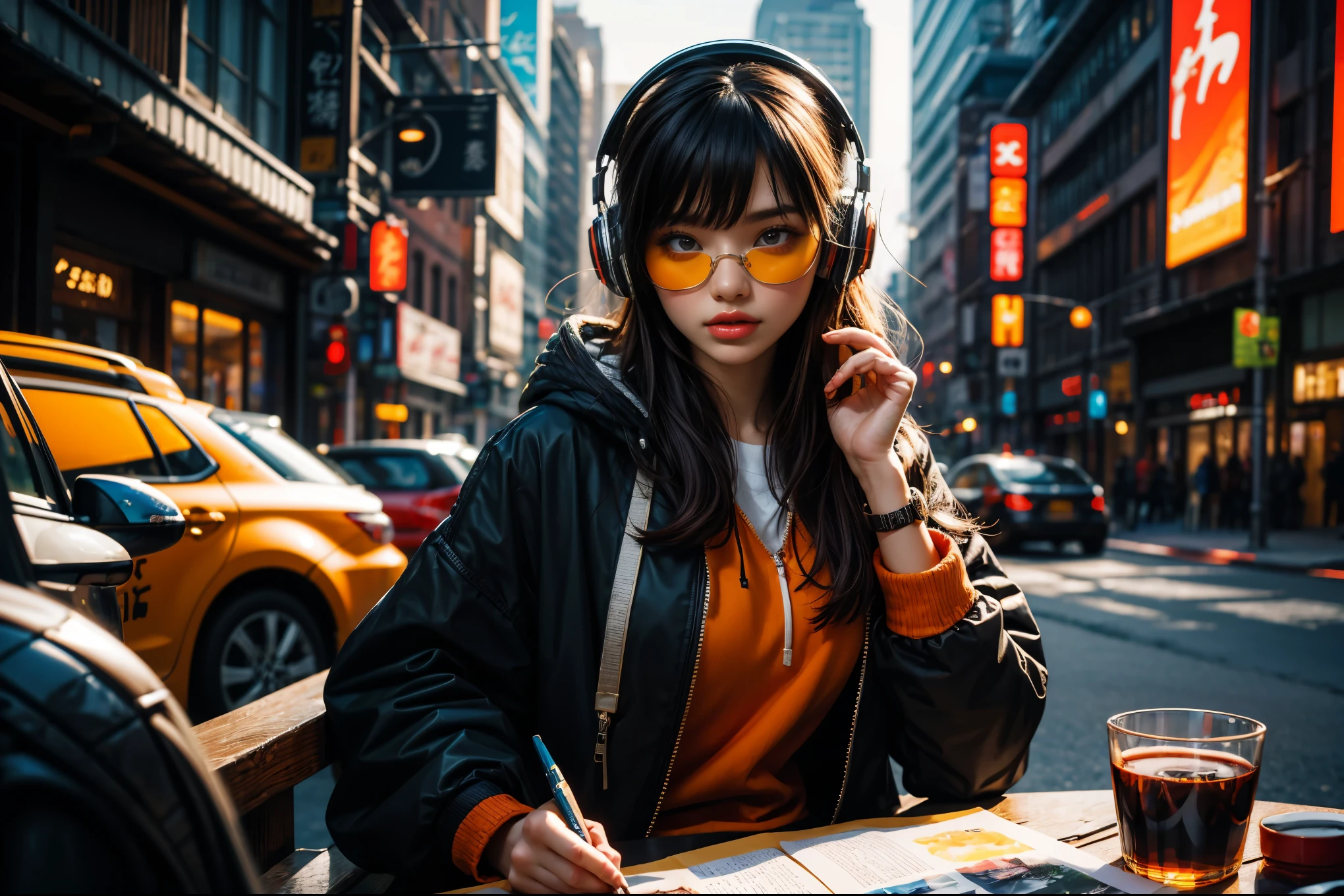 A striking and contemporary watercolor illustration of a young, trendy woman, exuding confidence and style. She dons a college-themed hoodie, oversized goggles, and large headphones, with futuristic elements seamlessly integrated into her attire. The artistic influence of Moebius, glitch art, and ukiyo-e is evident in the bold lines, intricate pen and ink work, and dynamic composition. Inspired by sports posters, doodle art, and conceptual art, the illustration features predominantly orange hues and strategic color changes, resulting in a visually captivating piece that is both imaginative and visually striking.