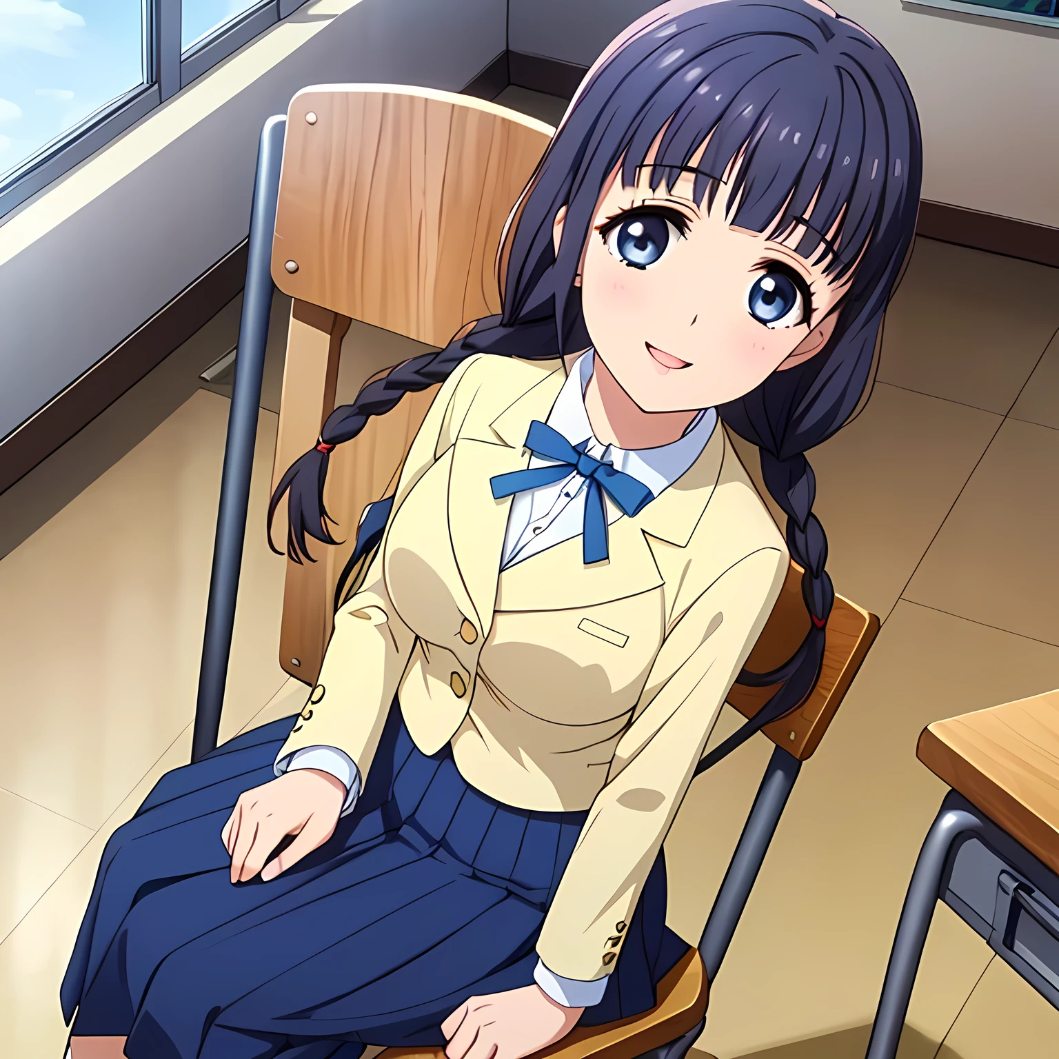 (highest quality, masterpiece:1.2), highest quality, High resolution, 1080p, 8K, Height: 158cm, Anime-style CG, ((A beautiful girl game heroine sits on a chair in a school classroom and places her hands on the desk、Looking up at the viewer next to him with a smile)), A face that everyone loves, Glossy lips, Even bangs, Double, Long eyelashes on both the top and bottom, Smiling blue eyes, The very large maroon ribbon bowtie is very cute., ((Black Hair)), ((long twin braids)), (((A long, neat, dark navy blue pleated skirt with a check pattern))), (((Dark blue winter long sleeve blazer))), How to wear a neat uniform, Smiling, slightly open mouth like a game heroine, Ribbon in hair, Tight waist, The ribbon is big and very pretty., Shooting from the side