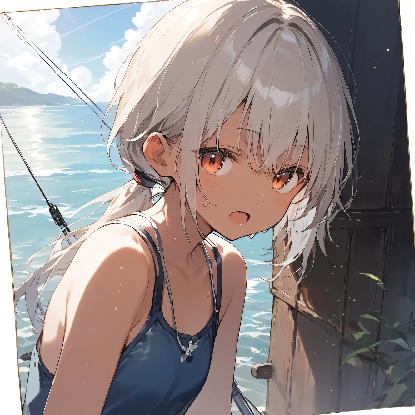 score_9, score_8_up, score_7_up, source_anime, best quality, masterpiece,official art, absurdres, highres, waifu2x,Collection: Slice of Life,break,1girl, tomboy, dark-skinned female, short hair, low ponytail, flat chest, beautiful detailed eyes, swimsuit, fishing, sweat, open mouth, (yawn:0.3), sleepily, outdoors, ocean, break,(clear line illustration:1.2),very high resolution, very aesthetic, super detailed skin, Best sexual lighting powered by famous artist, 8k,cute picture,beauty illustration,photoshop_(medium),,(Detailed Lighting)