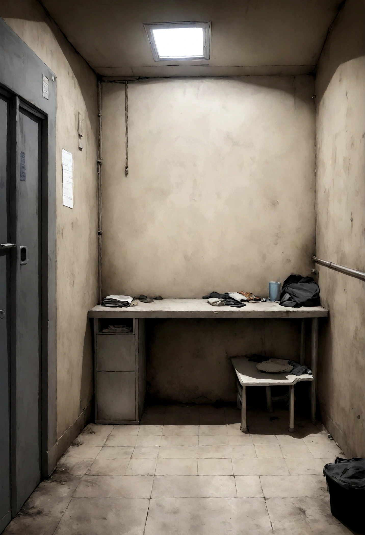 
An image seen as if you were sitting inside a cell of a modern Spanish police station. The cell is somewhat dirty