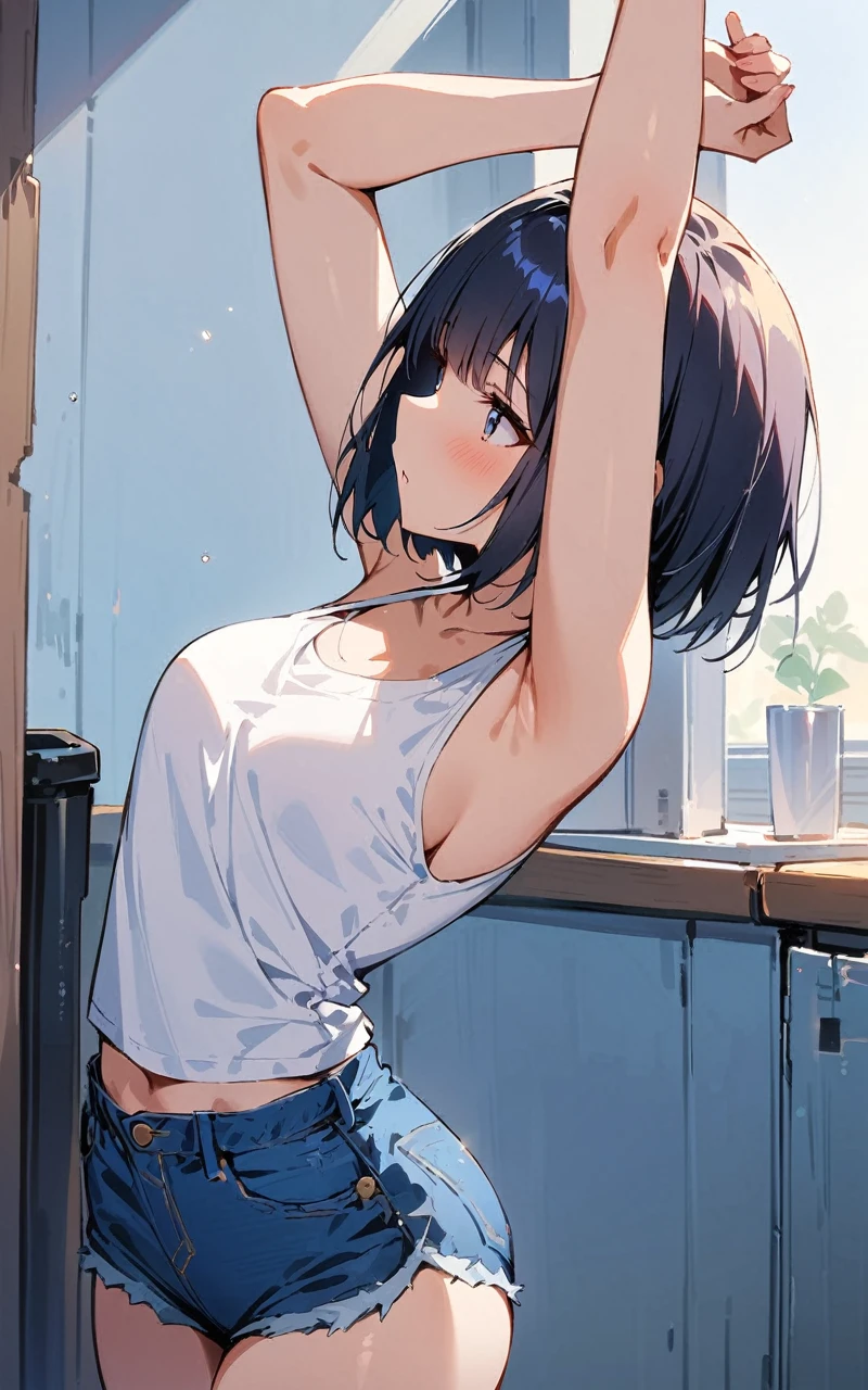 (masterpiece, highest quality:1.2), One girl, alone,Are standing_Split, 
Bobcut, White sleeveless tank top，Blue Denim Shorts