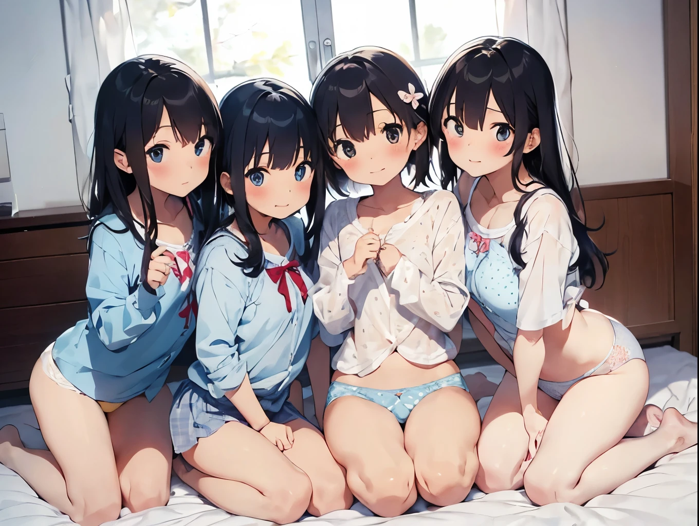 Four girls in white boyfriend shirts and cute underwear、barefoot、Light blue underwear with ribbon、Light yellow cute underwear、Cherry blossom and white polka dot underwear