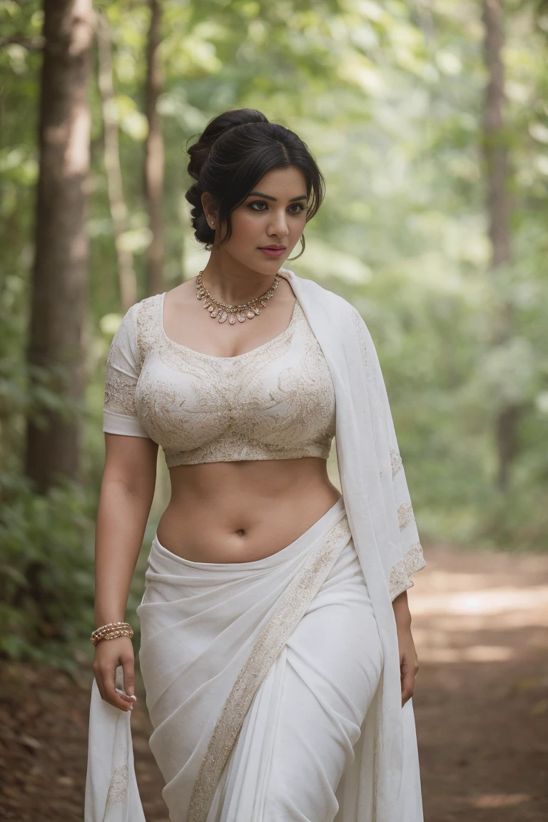 daytime view, close up shot of Indian from top view, wearing white saree, walking in forest, looking to camera, big and curvy cheeks, hourglass figure, sexy navel, swooping breasts, ponytail, necklace, (cinematic:1.3), intricate details , (ArtStation:1.2)rendom nudity