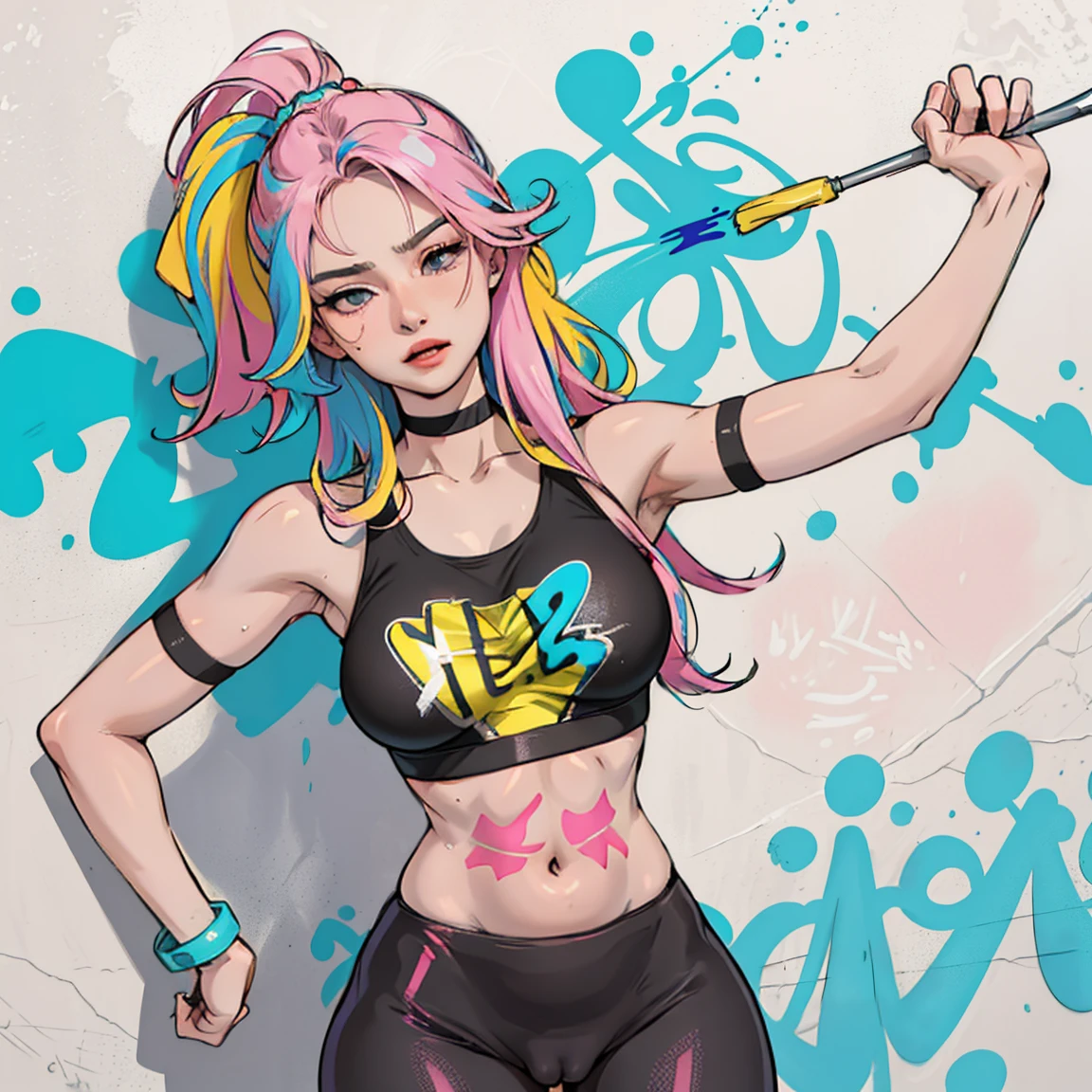 masterpiece, best quality, 25 years old beautiful woman, long hair, (mature face:1.4), 1woman, solo, crop top, gym leggings, choker, plumb ass, thick thighs, thin waist, wide hips, (graffiti:1.5), paint splatter, arms behind back, against wall, looking at viewer, armband, thigh strap, paint on body, head tilt, bored, (multicolored hair (pink, blue, green, yellow, red, black, brown, carmin)), detailed aqua eyes