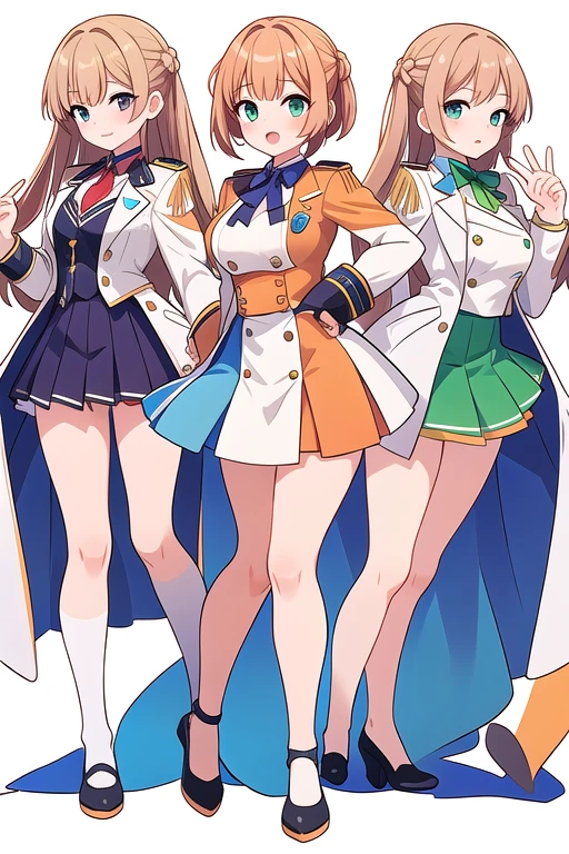 (((Best Quality))) , ((full body)), female, multiple views, white background, variety of hairstyles, seductive pose, mini skirt, blue, orange, green, violet, brown, white, Mess dress uniform, microphone, mess jacket,