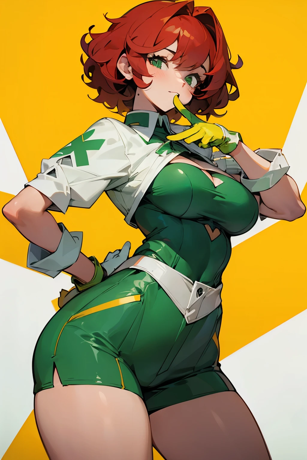 Girl, short curly hair, half red and half white, green clothes with the letter X on it, Yellow gloves, big tits, short shorts