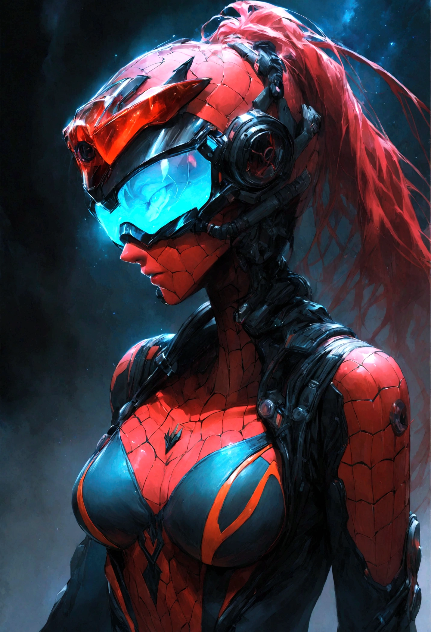 High Resolution 18K Ultra Realism Minimalist High Quality Beautiful Female Astronaut Suit Female Spider-Man Glued to Body Symbiote Style Futuristic Exoskeleton Futuristic Fire Suit Futuristic and Cybenetic Helmet with Ultra Realistic Neon Visor