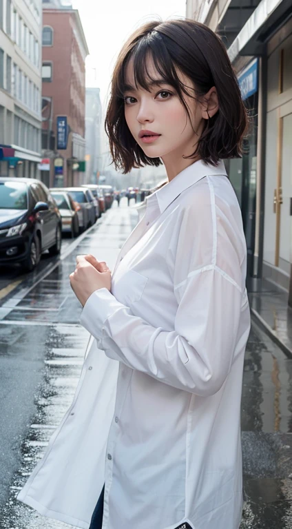 ((highest quality, 8k, masterpiece: 1.3)), sharp: 1.2, Perfect body beauty: 1.4, Slim Abs: 1.2, ((Short Bob, chest: 1.2)), (Wet White Button Long Shirt: 1.1), Wind, (rain, street: 1.2), Wet: 1.5, Highly detailed face and skin texture, Fine Eyes, double eyelid, Looking back at the camera、With bangs、Baby Face