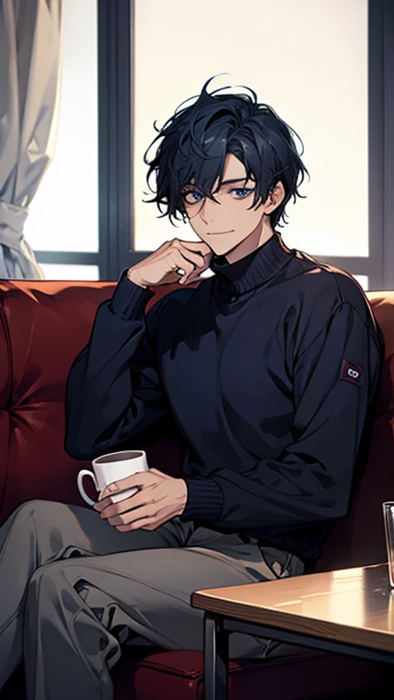 (highest quality,High resolution,masterpiece:1.2),Abstract,Masculine,Navy Blue Hair,Dark blue eyes,sweater,cargo pants,Dark blue gaze,Calm,quiet,A kind smile,Sitting on the couch,Mug,Talking