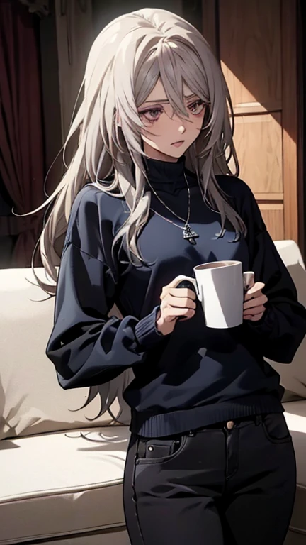 (Confused, High resolution, Very detailed), 1 female, Silver Hair,Long Hair,Reddish brown eyes,Navy Blue Shirt,Jacket,Black skinny pants,24th generation,beauty,mature,thin,quiet,Calm,talk,sofa,Mug,Navy blue sweater,Dog Tag Necklace