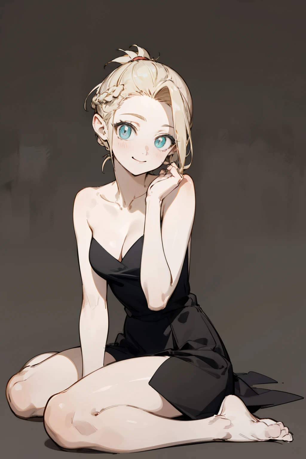 (masterpiece), ((best quality)), (super detailed), (beautiful eyes beautiful details eyes, Clean and delicate face), (whole body, wariza), solo, Braided blonde pony tail, slick back, cool smile, bare shoulder black dress with high slit, thigh, cleavage, clavicle, barefoot, dark simple background