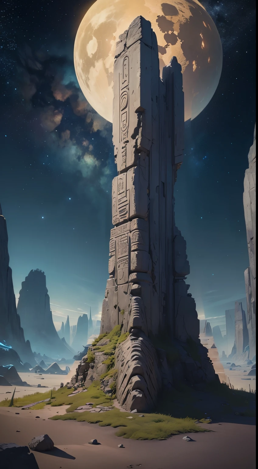 ((Masterpiece)), manter imagem, eliminar fundo, tudo branco fundo, Ruins of an alien civilization on an alien planet. night time, Starry sky, Stones with alien drawings and diagrams, Alien hieroglyphs and letters, Schematic depictions of fantastic creatures on stone