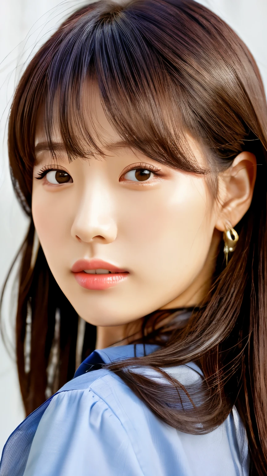 Woman looking this way、(highest quality, Portraiture)、Stylish, detailed backgrounding, bangs, bangs over eyes, (detailed eyes)、Sexy lips、ponytail、shirt
