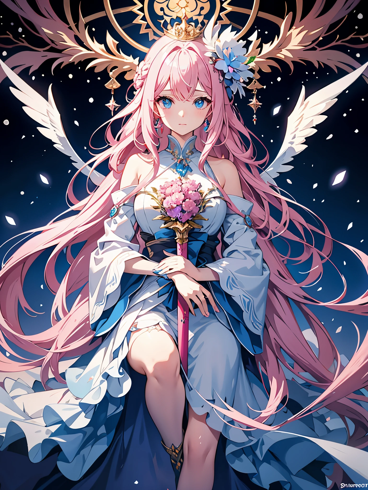 in a world of  and snow，a lonely queen，She has pink and blue wavy hair and eyes，There are huge phoenix blue wings on the back，conservativelydressed，The gaze is cold，one hand holding sword（One man only）