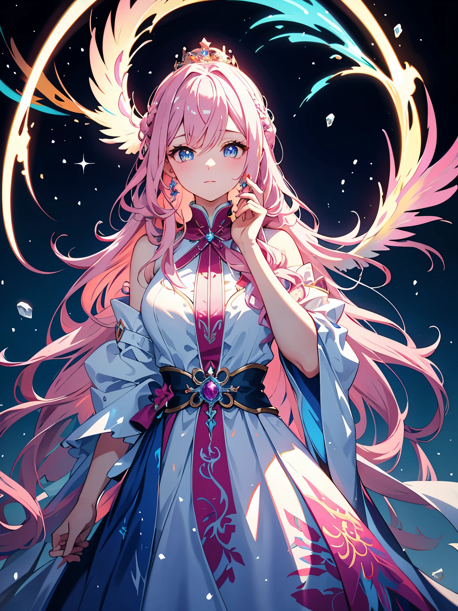 in a world of and snow,a lonely queen,She has pink and blue wavy hair and eyes,There are huge phoenix blue wings on the back,conservativelydressed,The gaze is cold,one hand holding sword(One man only)