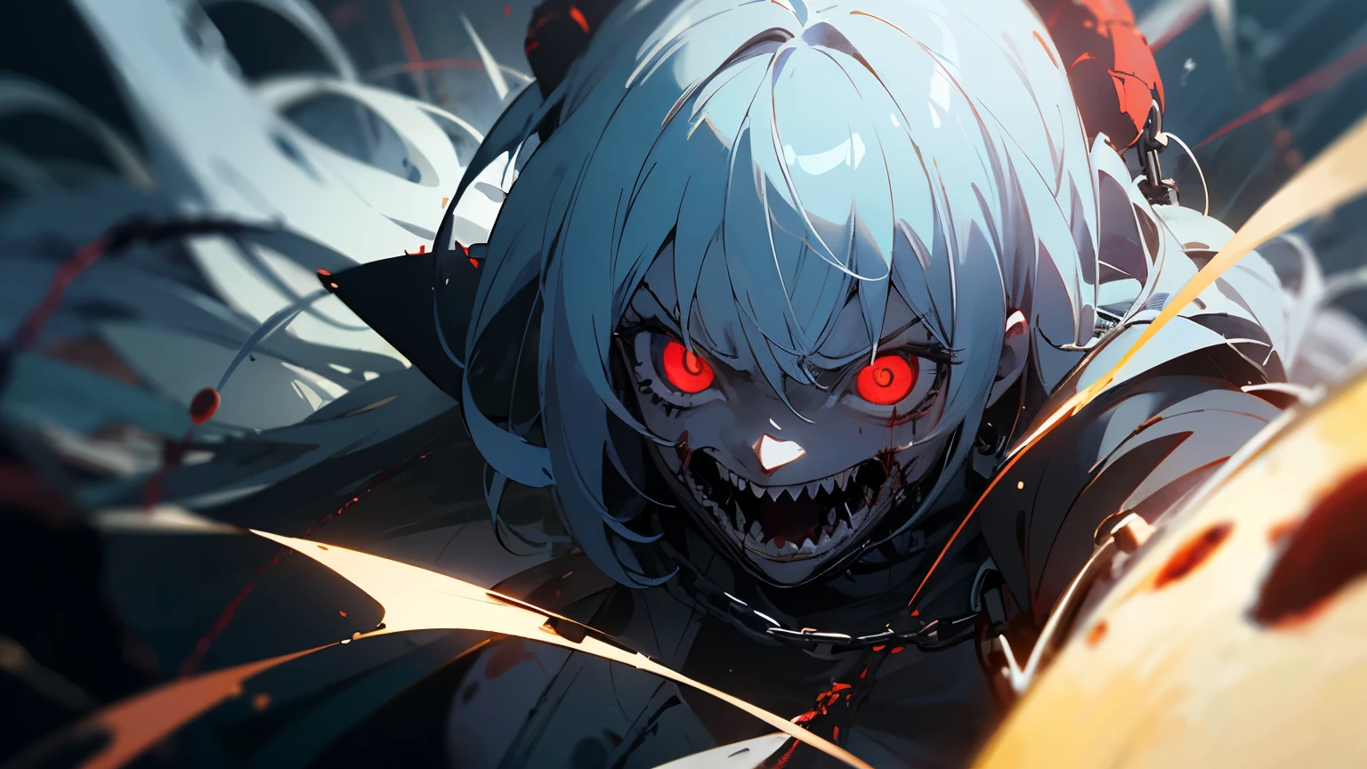 ((better quality)), ((super hdr plus)), ((4k)), ((horror anime girl)), ((horror)), ((well produced and with ARRI Signature Prime)), chains with blur, anime with red eyes, cruel, anger