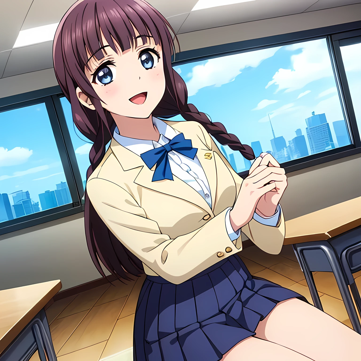 (highest quality, masterpiece:1.2), highest quality, High resolution, 1080p, 8K, Height: 158cm, Anime-style CG, ((A beautiful girl game heroine sits on a chair in a school classroom and places her hands on the desk、Looking up at the viewer next to him with a smile)), A face that everyone loves, Glossy lips, Even bangs, Double, Long eyelashes on both the top and bottom, Smiling blue eyes, The very large red shiny wide ribbon bowtie is very cute., ((Black Hair)), ((long twin braids)), (((A long, neat, dark navy blue pleated skirt with a check pattern))), (((Dark blue winter long sleeve blazer))), How to wear a neat uniform, Smiling, slightly open mouth like a game heroine, Ribbon in hair, Tight waist, The ribbon is big and very pretty., Shooting from the side