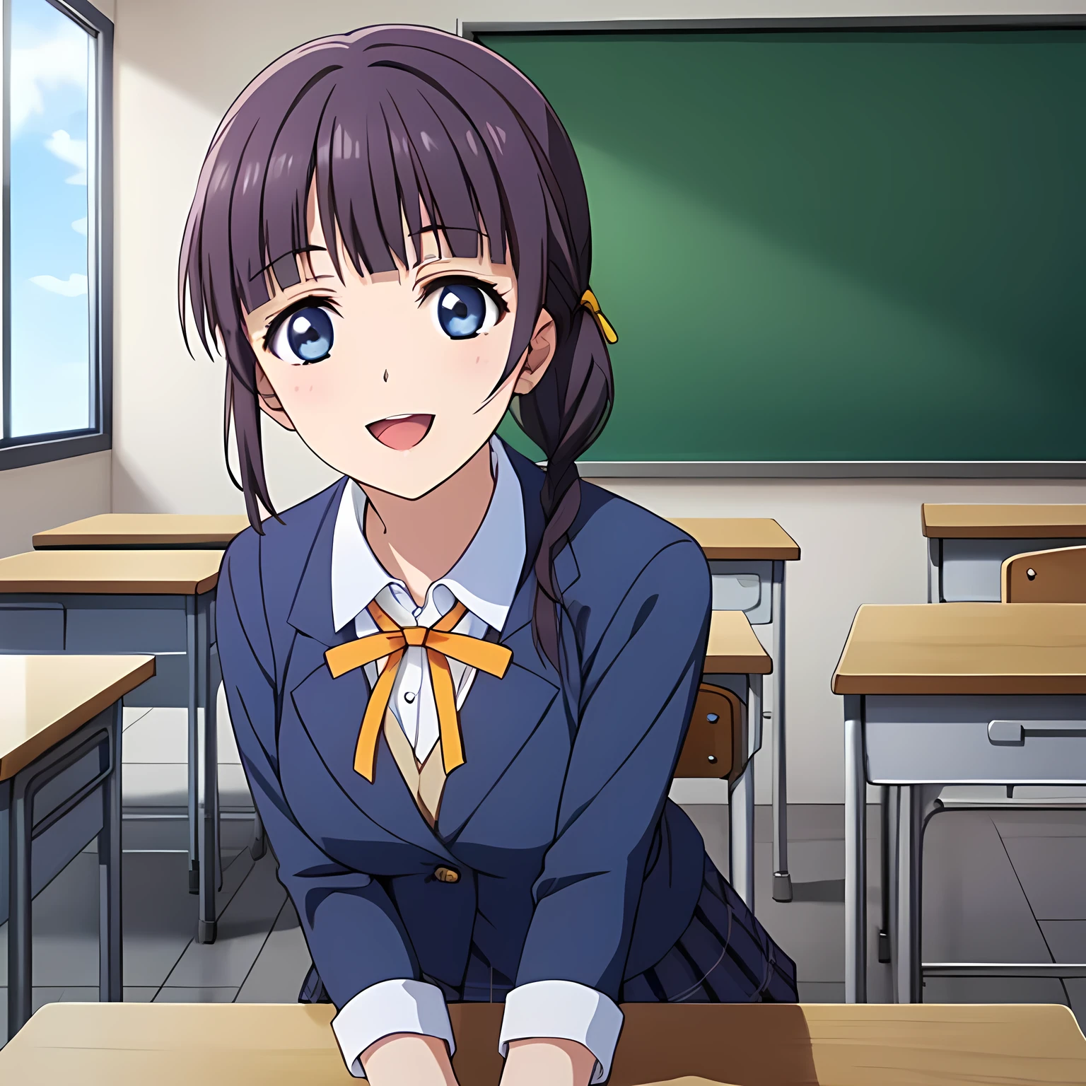 (highest quality, masterpiece:1.2), highest quality, High resolution, 1080p, 8K, Height: 158cm, Anime-style CG, ((A beautiful girl game heroine sits on a chair in a school classroom and places her hands on the desk、Looking up at the viewer next to him with a smile)), A face that everyone loves, Glossy lips, Even bangs, Double, Long eyelashes on both the top and bottom, Smiling blue eyes, The very large red shiny wide ribbon bowtie is very cute., ((Black Hair)), ((long twin braids)), (((A long, neat, dark navy blue pleated skirt with a check pattern))), (((Dark blue winter long sleeve blazer))), How to wear a neat uniform, Smiling, slightly open mouth like a game heroine, Ribbon in hair, Tight waist, The ribbon is big and very pretty., Shooting from the side