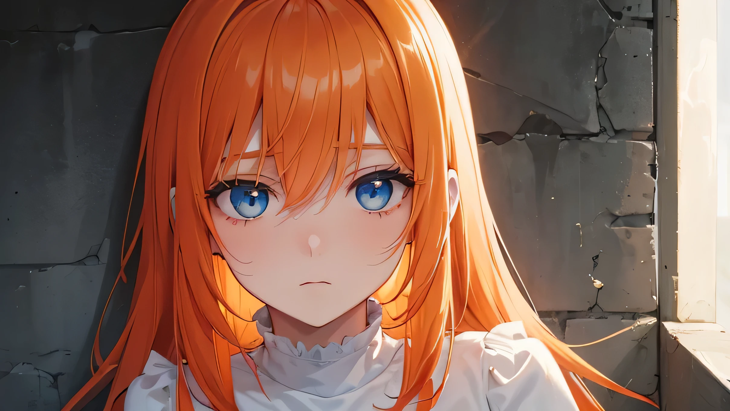 a detail close up person, a medium orange-haired length with the side hair of the ear longer 'teenage girl' with a gloomy face without a pale expression sitting in the corner of the wall, looking up with a dead gaze looking at the point view but her blue eyes are covered by his hair, sunlight shines in from the side darken the other side