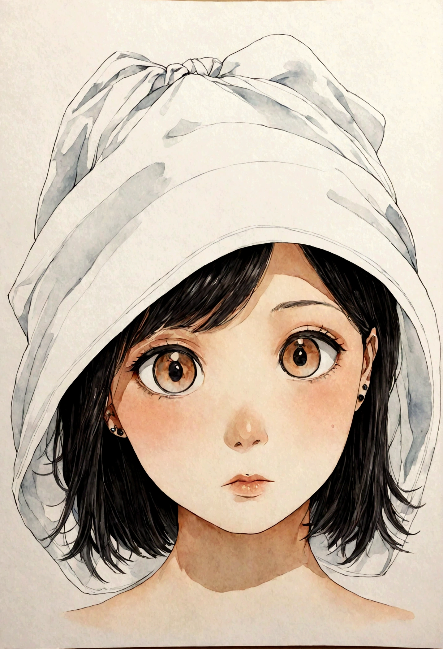 Hello、I would like to request an illustration of a person。Please design based on the following details:。 1. age: 25 years old 2. gender: Female 3. Hairstyle: Bob 4. Hair Color: Black 5. nationality: Japanese 6. Facial Features: With sharp features、Big eyes and high cheekbones、High nose bridge 7. clothing:Nude 8. Accessories and belongings: Have large ear piercings。A small tattoo on his shoulder。 9. Pause: Crouched down and facing this way。 10. expression: 気品を感じさせる物憂げなexpression 11. background: Water color 12.Body Type: Big Tits 13. style: Please paint it as realistically as possible with watercolors. Make it similar to the face in the attached image.、Please use soft colors and delicate lines.。backgroundはシンプルに水色一色で統一してください。