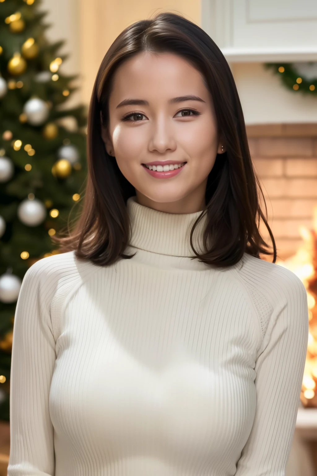 One girl,(Wearing a turtleneck sweater),(Winter jackets),(RAW Photos, highest quality), (Realistic, photo-Realistic:1.4), masterpiece, Very delicate and beautiful, Very detailed, 2k wallpaper, wonderful, In detail, Very detailed CG unity 8k wallpaper, Super detailed, High resolution, Soft Light, Beautiful detailed girl, Very detailed eyes and face, Beautifully detailed nose, Beautiful fine details,Cinema Lighting,Snow Scene,Ski Resorts,fireplace,Christmas tree,Christmas decorations,Snow Mountain,Perfect Anatomy,Slender body,smile、Large breasts