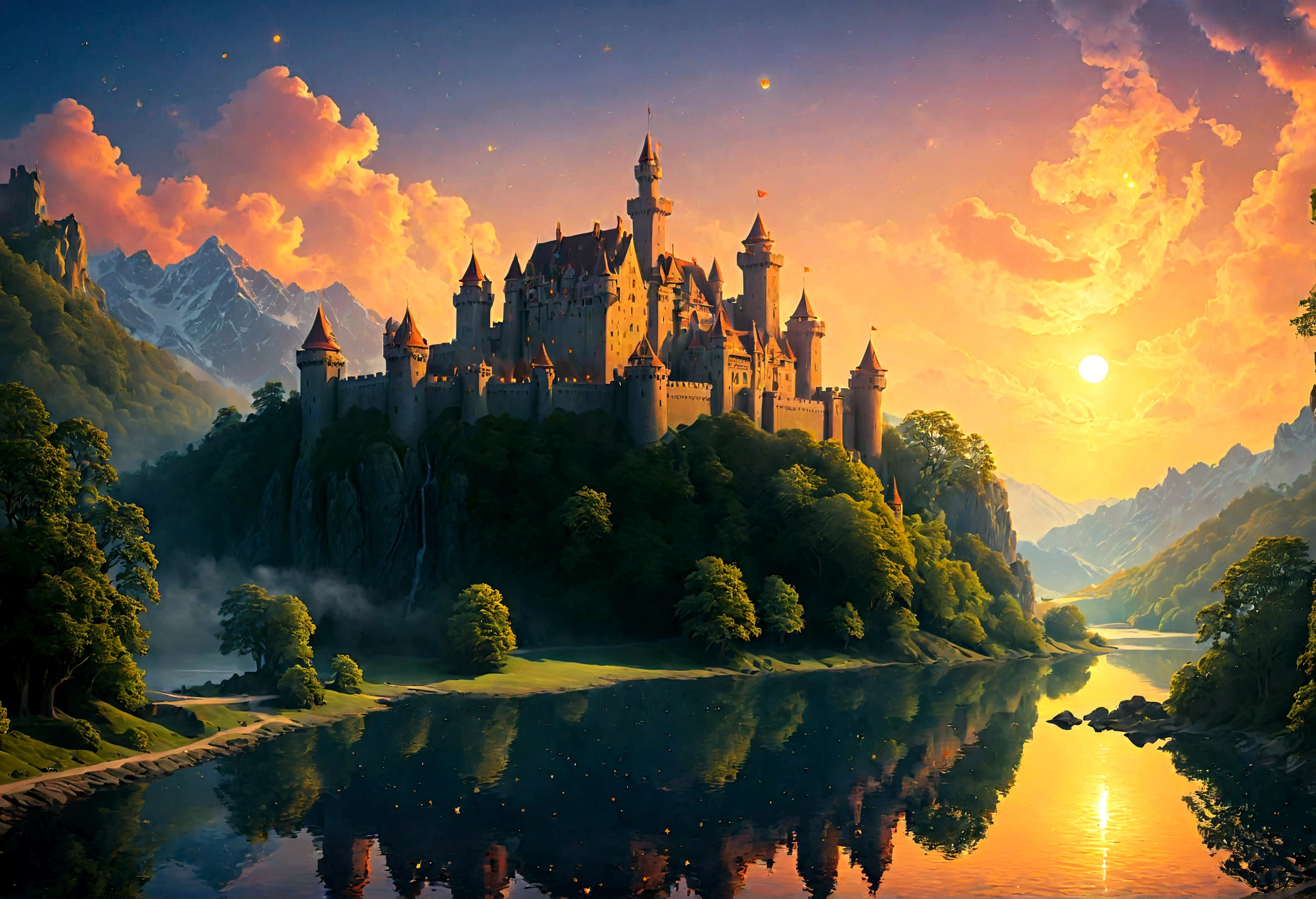 an award winning picture, National Geographic style, Arafed, magnificent artistic picture of a (castle: 1.4) on a mountain range near a lake at dusk, fantasy art D&D art, castle, with towers, turrets, barbican, it is dusk time, the sun is going down, and there are stars in the skies, the last rays of sun, there is a ((bridge lit by torches: 1.4)) crossing to the other side, the castle is being reflected in the water, mist rising from the water, fantasy forest background, ultra best realistic, best details, 16k, [ultra detailed], masterpiece, best quality, (extremely detailed), photorealism, depth of field, hyper realistic painting, Cinematic Hollywood Film style, digital art