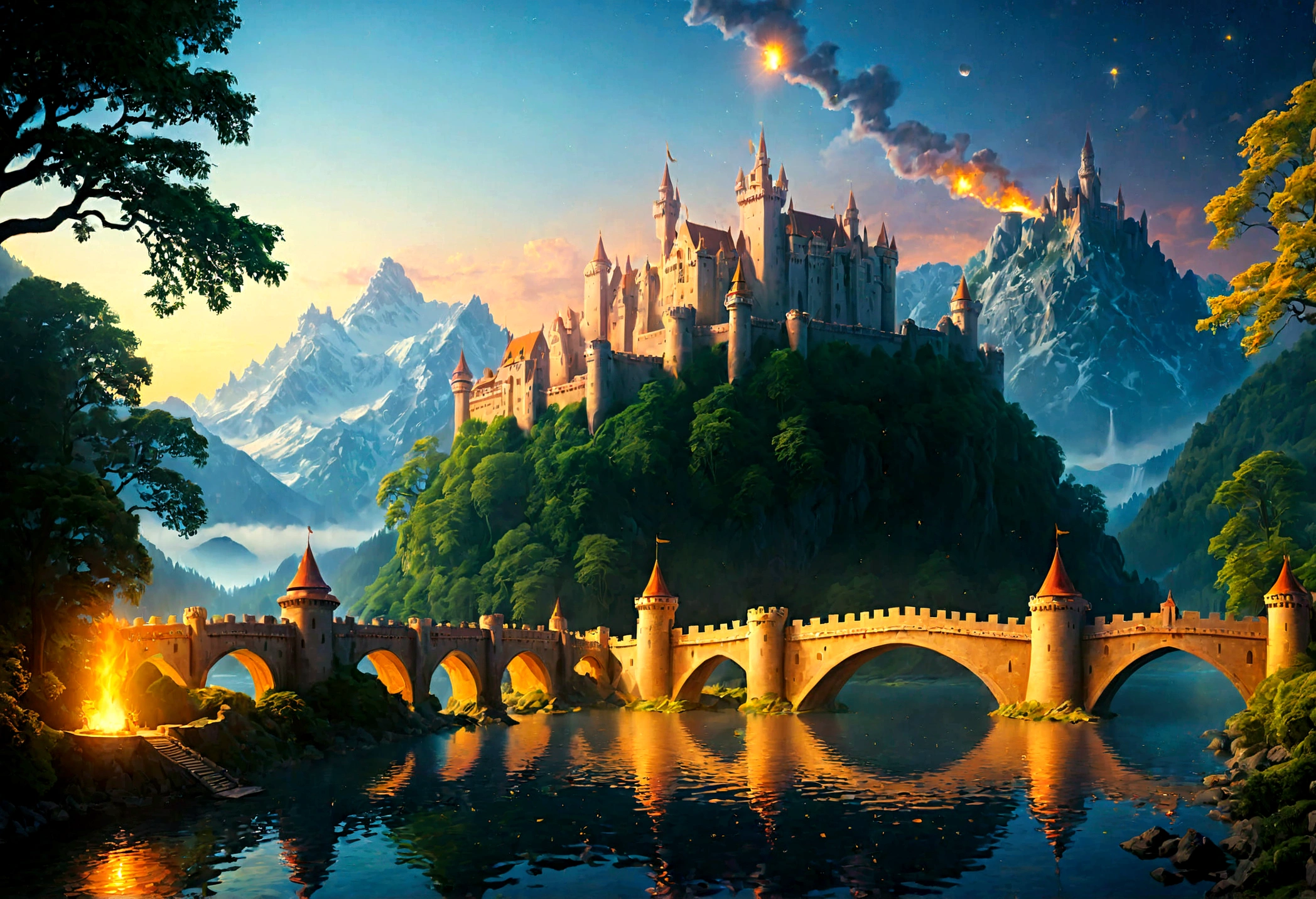 an award winning picture, National Geographic style, Arafed, magnificent artistic picture of a (castle: 1.4) on a mountain range near a lake at dusk, fantasy art D&D art, castle, with towers, turrets, barbican, it is dusk time, the sun is going down, and there are stars in the skies, the last rays of sun, there is a ((bridge lit by torches: 1.4)) crossing to the other side, the castle is being reflected in the water, mist rising from the water, fantasy forest background, ultra best realistic, best details, 16k, [ultra detailed], masterpiece, best quality, (extremely detailed), photorealism, depth of field, hyper realistic painting, Cinematic Hollywood Film style, digital art
